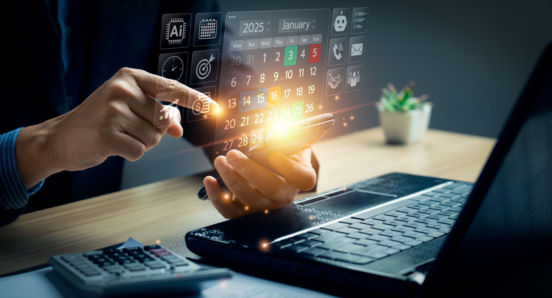 Smart AI calendar scheduling and business planning interface on mobile device, futuristic digital agenda with task management and time organization, artificial intelligence technology for productivity