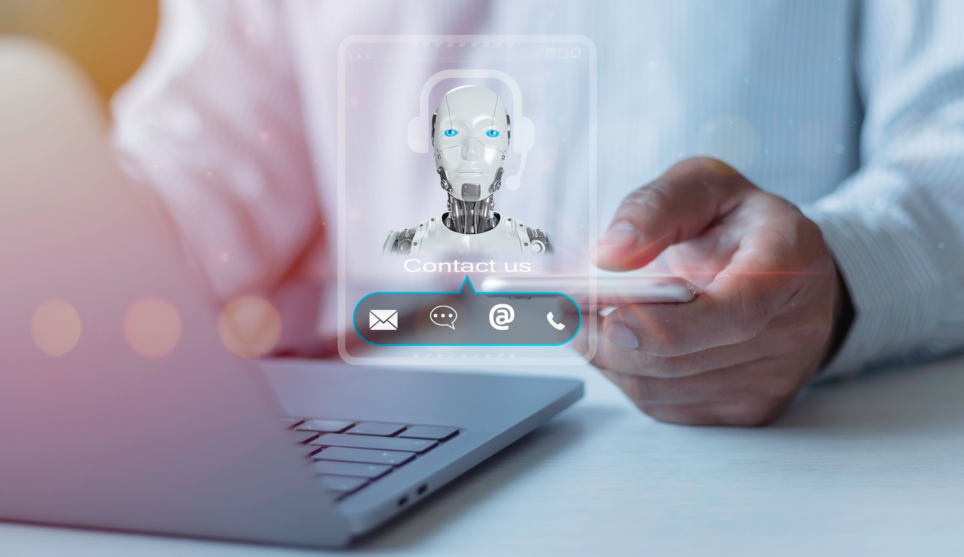 Chat conversation assistant, Contact us or Customer support hotline people connect, call center service, customer consulting service, email, business contact, Artificial intelligence technology,