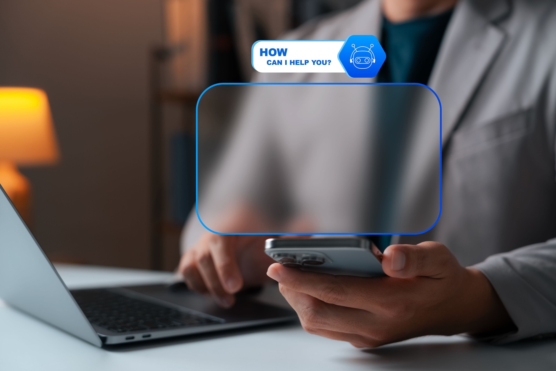 AI driven customer service, businessman using smartphone with virtual chatbot message interface, symbolizing intelligent support, automation, and digital assistance in modern business settings.